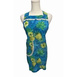 VTG 60s 70s Hawaiian Apron Dress Aloha Tropical Tiki Pineapple  Lace Trim Pocket
